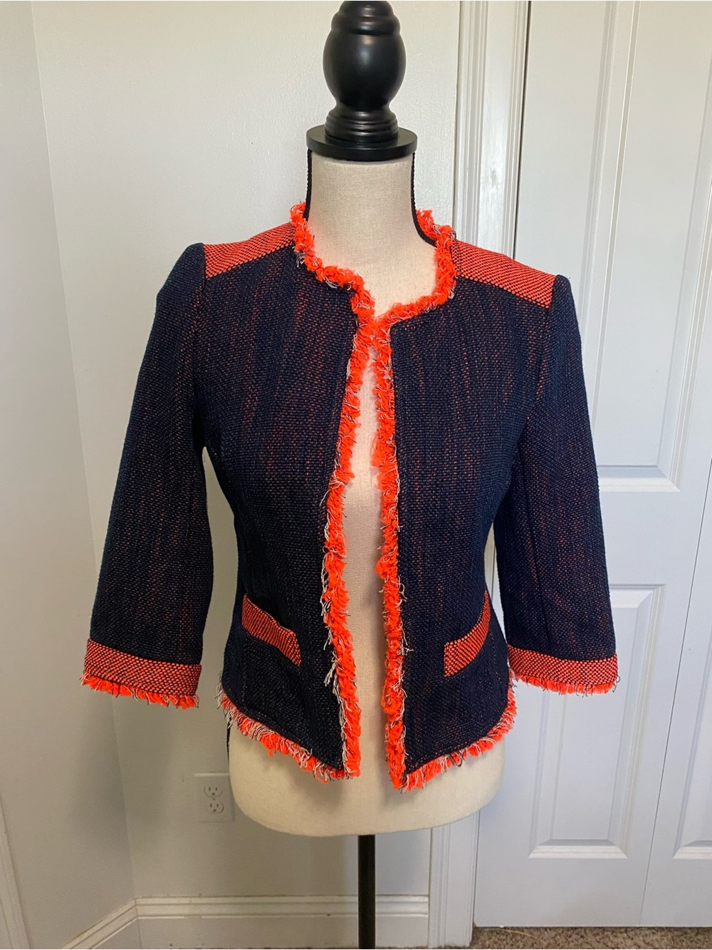 Trina Turk Mitra Cotton Silk Blend Jacket in Indigo Tweed